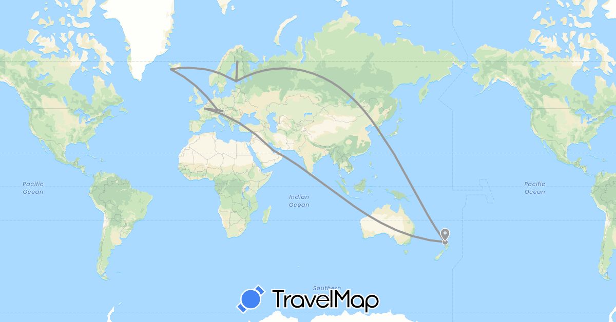 TravelMap itinerary: driving, plane in Austria, Germany, Finland, France, Iceland, South Korea, New Zealand, Qatar (Asia, Europe, Oceania)